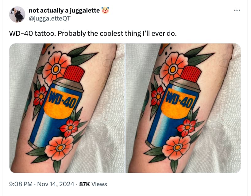 temporary tattoo - not actually a juggalette Wd40 tattoo. Probably the coolest thing I'll ever do. Wd40 Wd40 87K Views